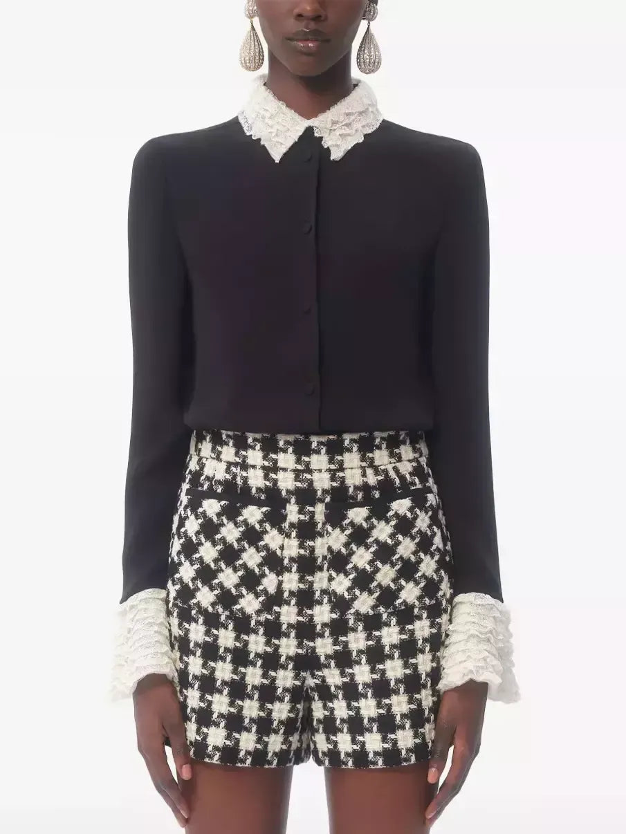 Silk Georgette Black Blouse with Contrasting Trim - Tops