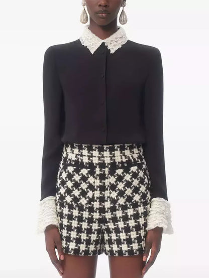 Silk Georgette Black Blouse with Contrasting Trim - Tops