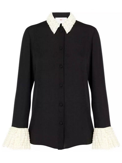 Silk Georgette Black Blouse with Contrasting Trim - Tops