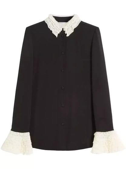 Silk Georgette Black Blouse with Contrasting Trim - Tops