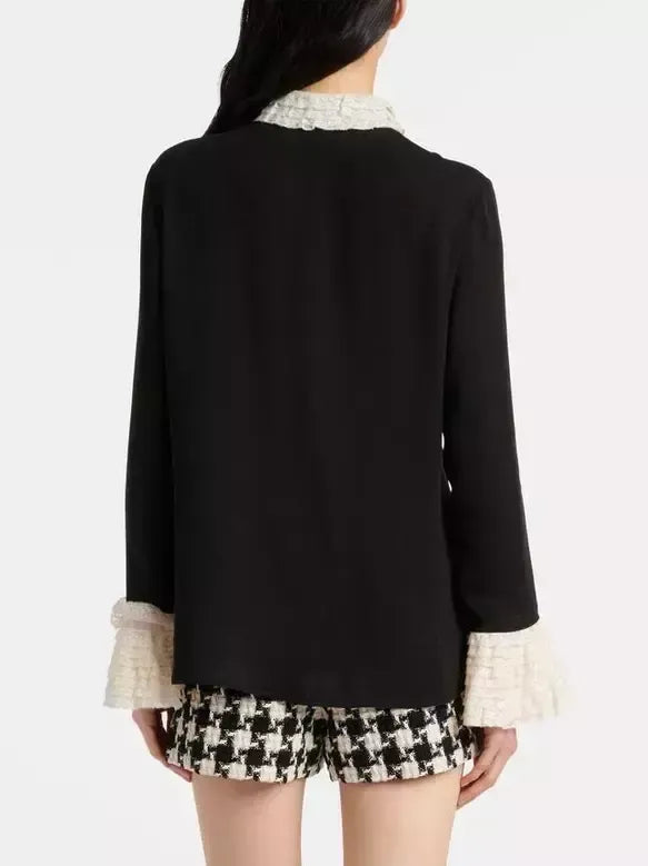 Silk Georgette Black Blouse with Contrasting Trim - Tops