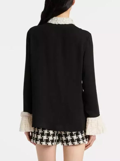 Silk Georgette Black Blouse with Contrasting Trim - Tops