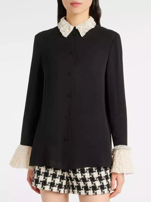 Silk Georgette Black Blouse with Contrasting Trim - Tops