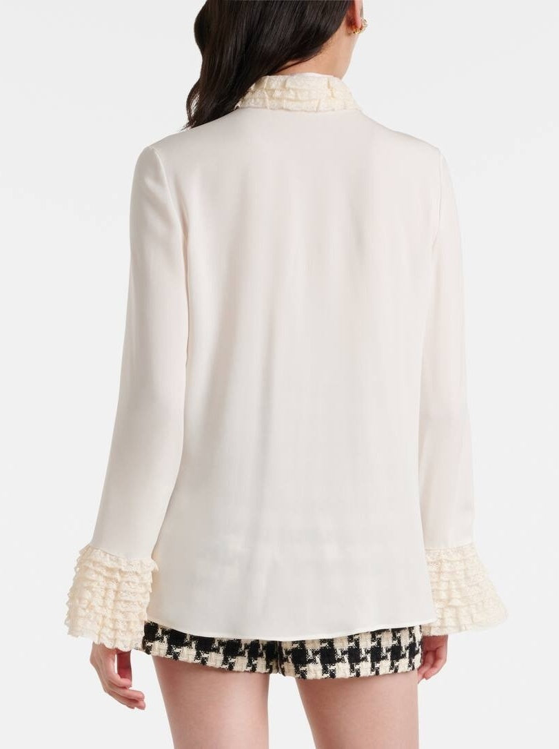 Silk Georgette Ivory Blouse with Ruffle Trims - Tops