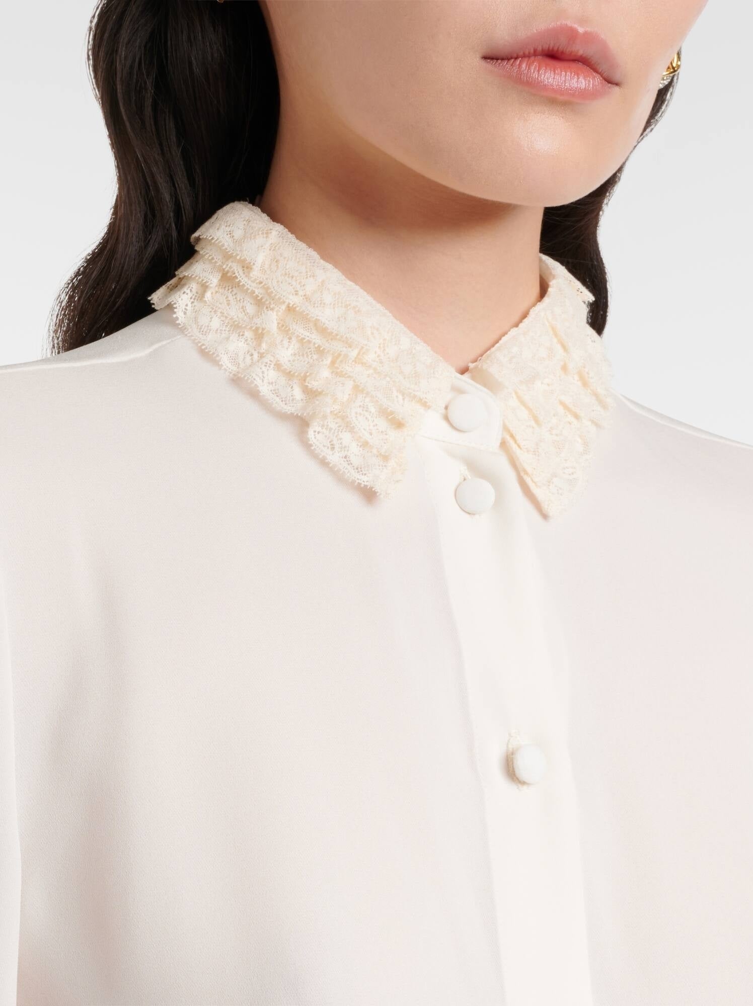 Silk Georgette Ivory Blouse with Ruffle Trims - Tops