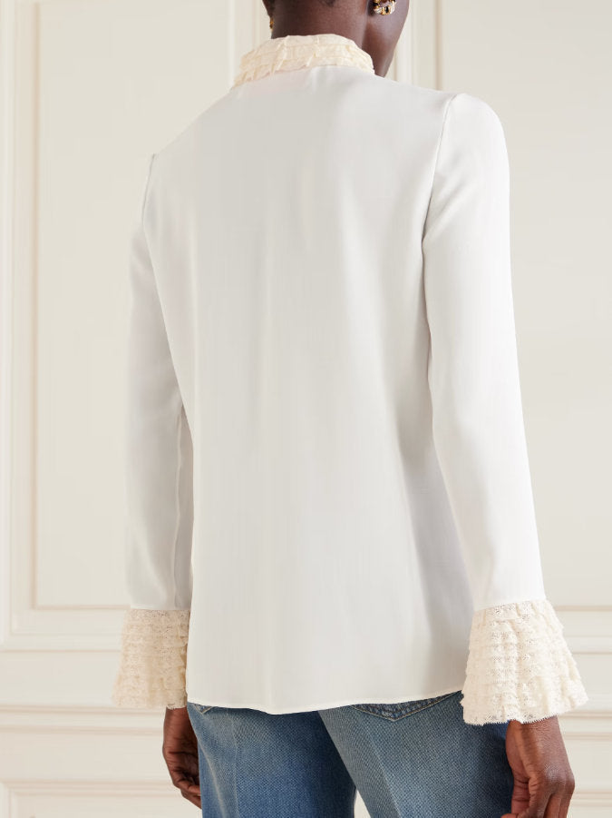 Silk Georgette Ivory Blouse with Ruffle Trims - Tops