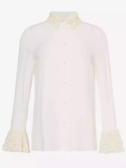 Silk Georgette Ivory Blouse with Ruffle Trims - Tops