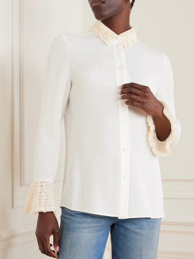 Silk Georgette Ivory Blouse with Ruffle Trims - Tops
