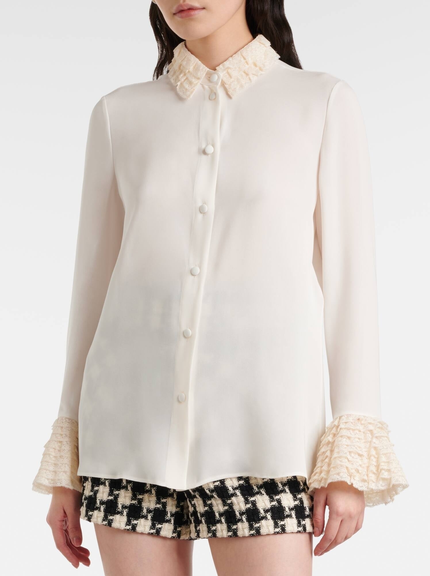 Silk Georgette Ivory Blouse with Ruffle Trims - Tops