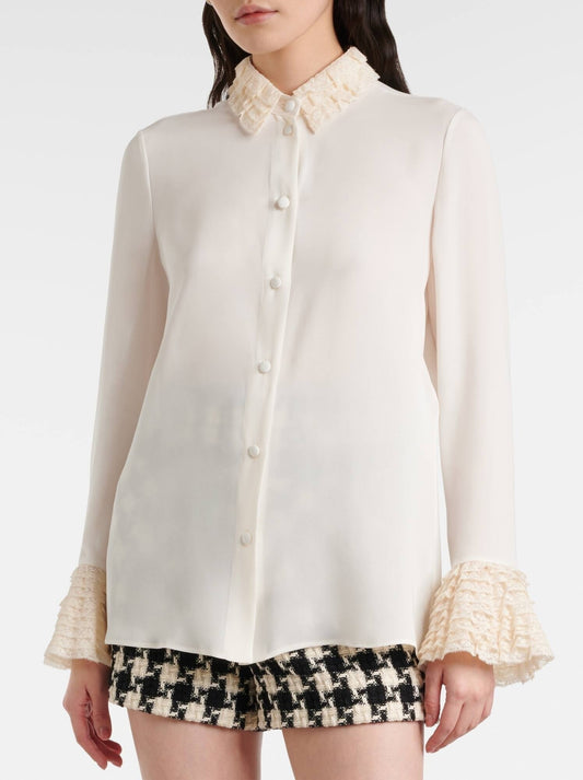 Silk Georgette Ivory Blouse with Ruffle Trims - Tops