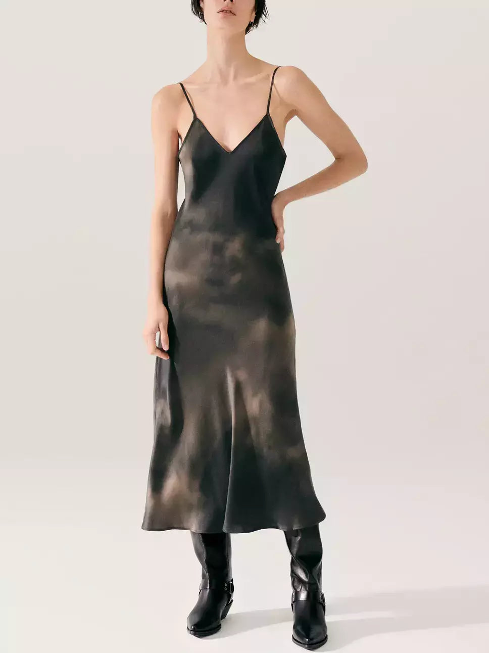 Silk Sand-Washed Midi Slip Dress in vibrant tie-dye pattern for stylish summer wear