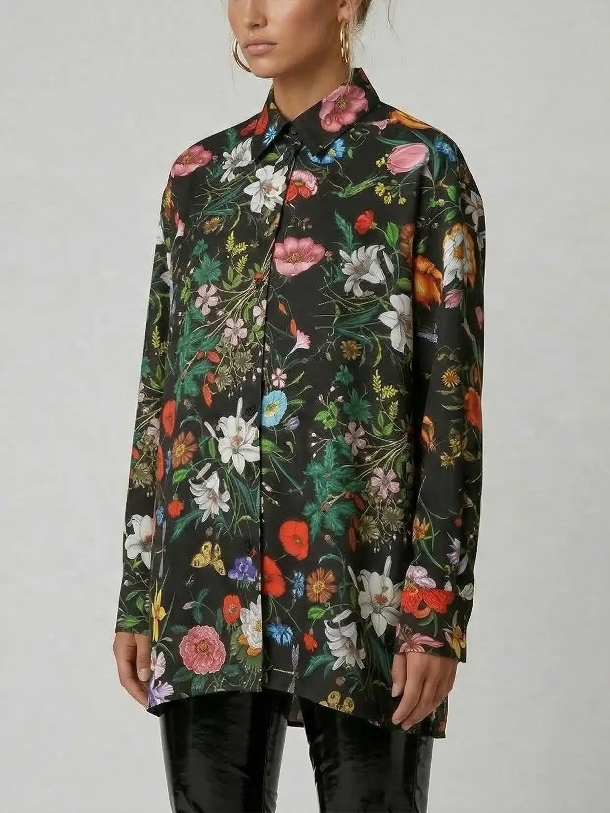Silk Twill Botanical Print Black Button-Up Shirt - Tops
