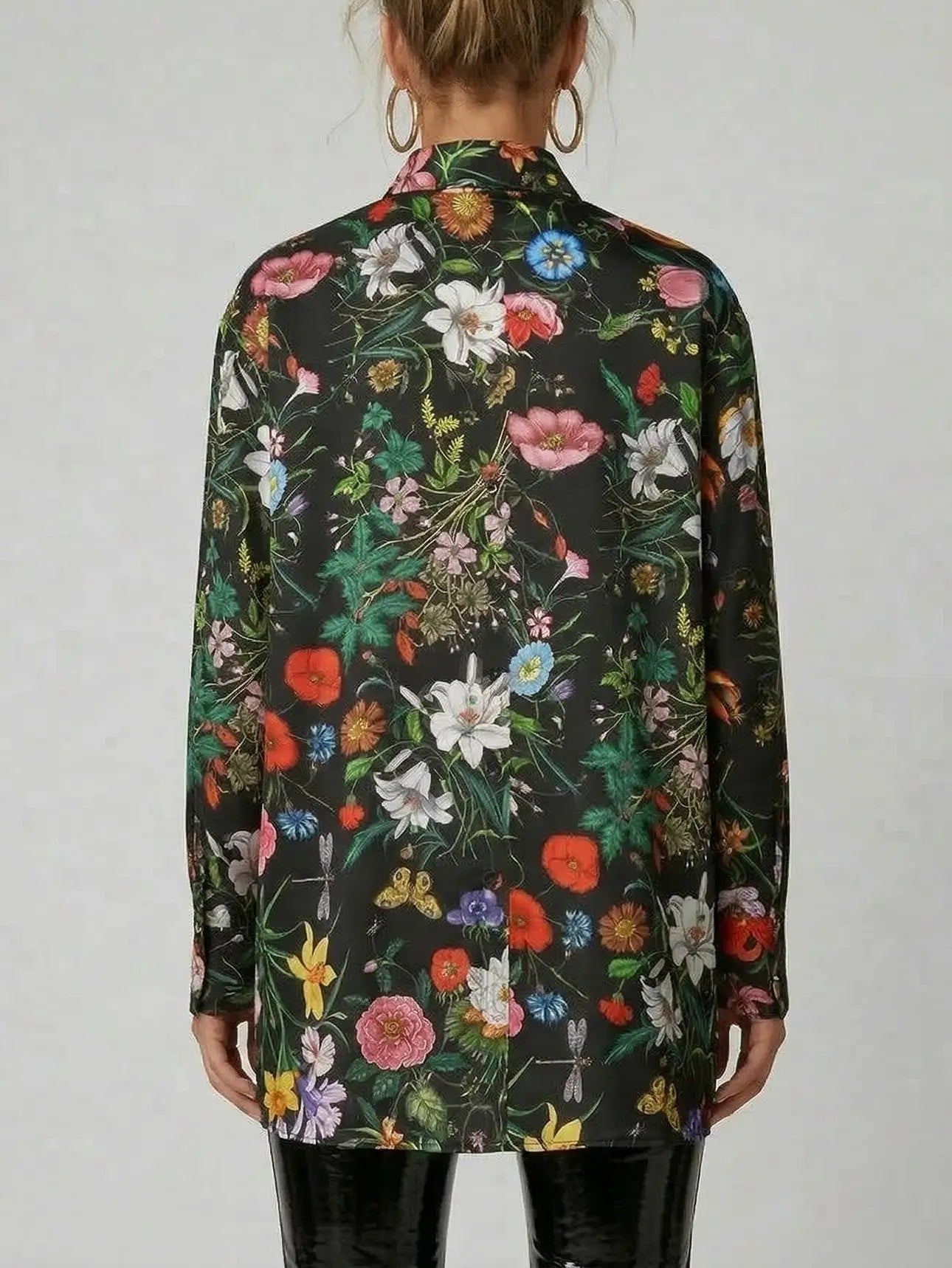 Silk Twill Botanical Print Black Button-Up Shirt - Tops