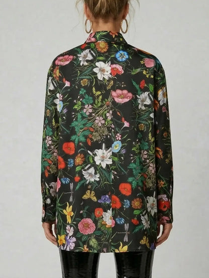 Silk Twill Botanical Print Black Button-Up Shirt - Tops