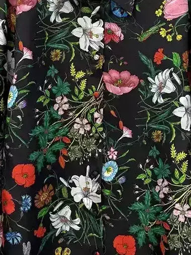 Silk Twill Botanical Print Black Button-Up Shirt - Tops