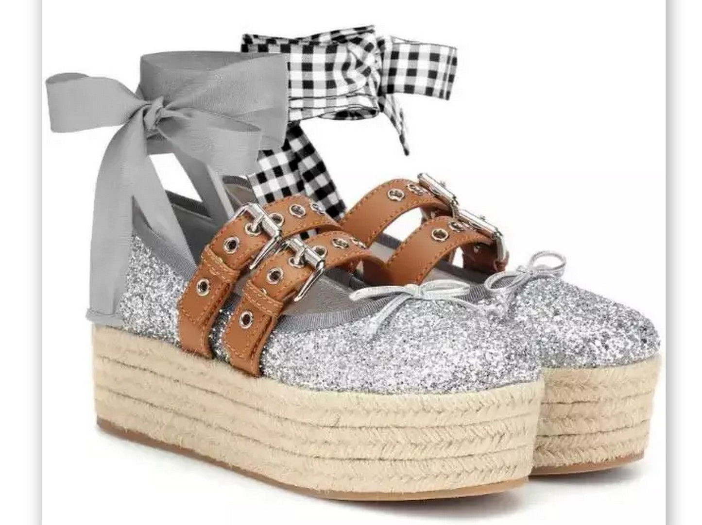 Silver Glitter Lace-up Espadrille Platform Ballet Shoes - Footwear