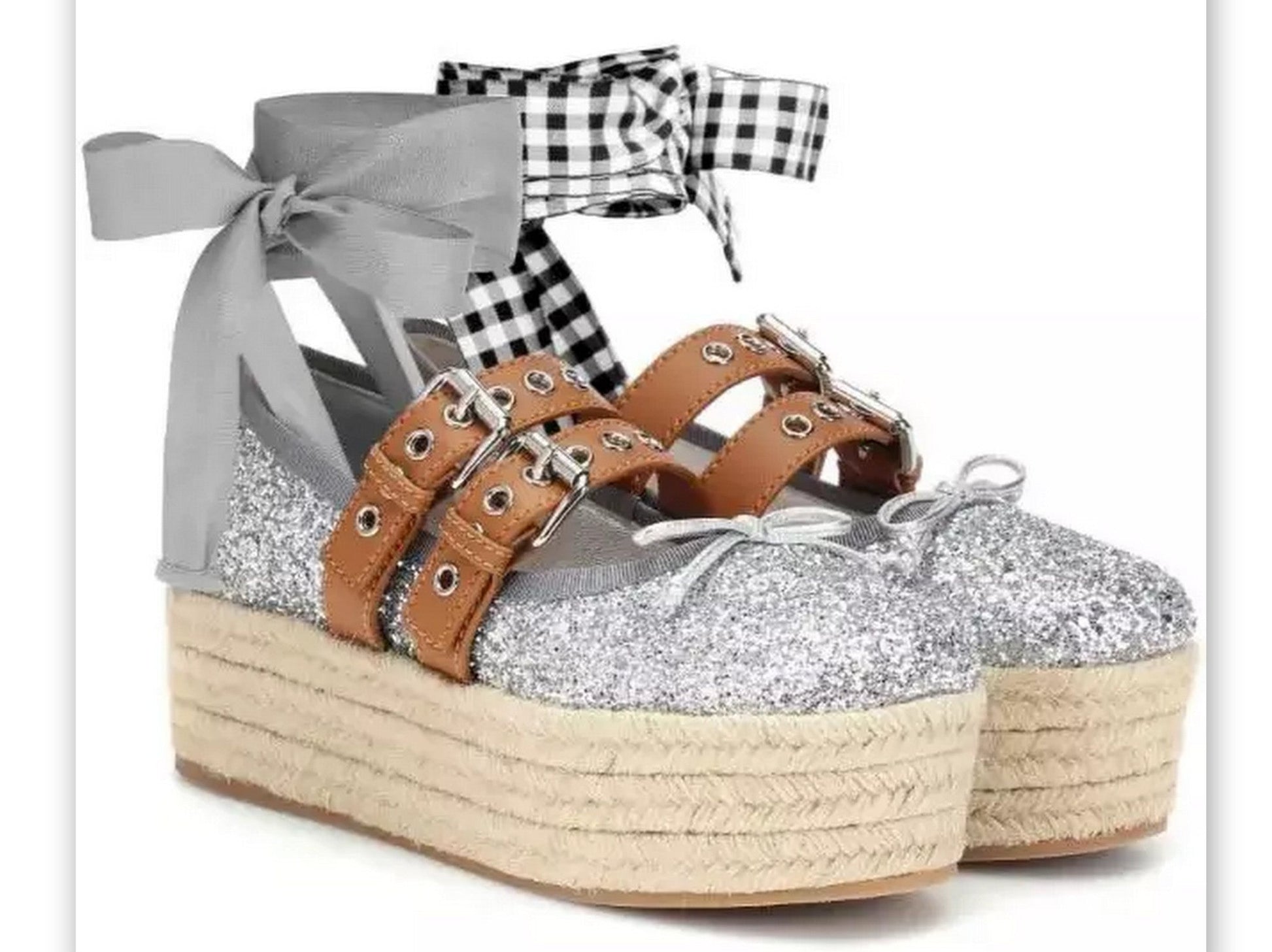 Silver Glitter Lace-up Espadrille Platform Ballet Shoes - Footwear