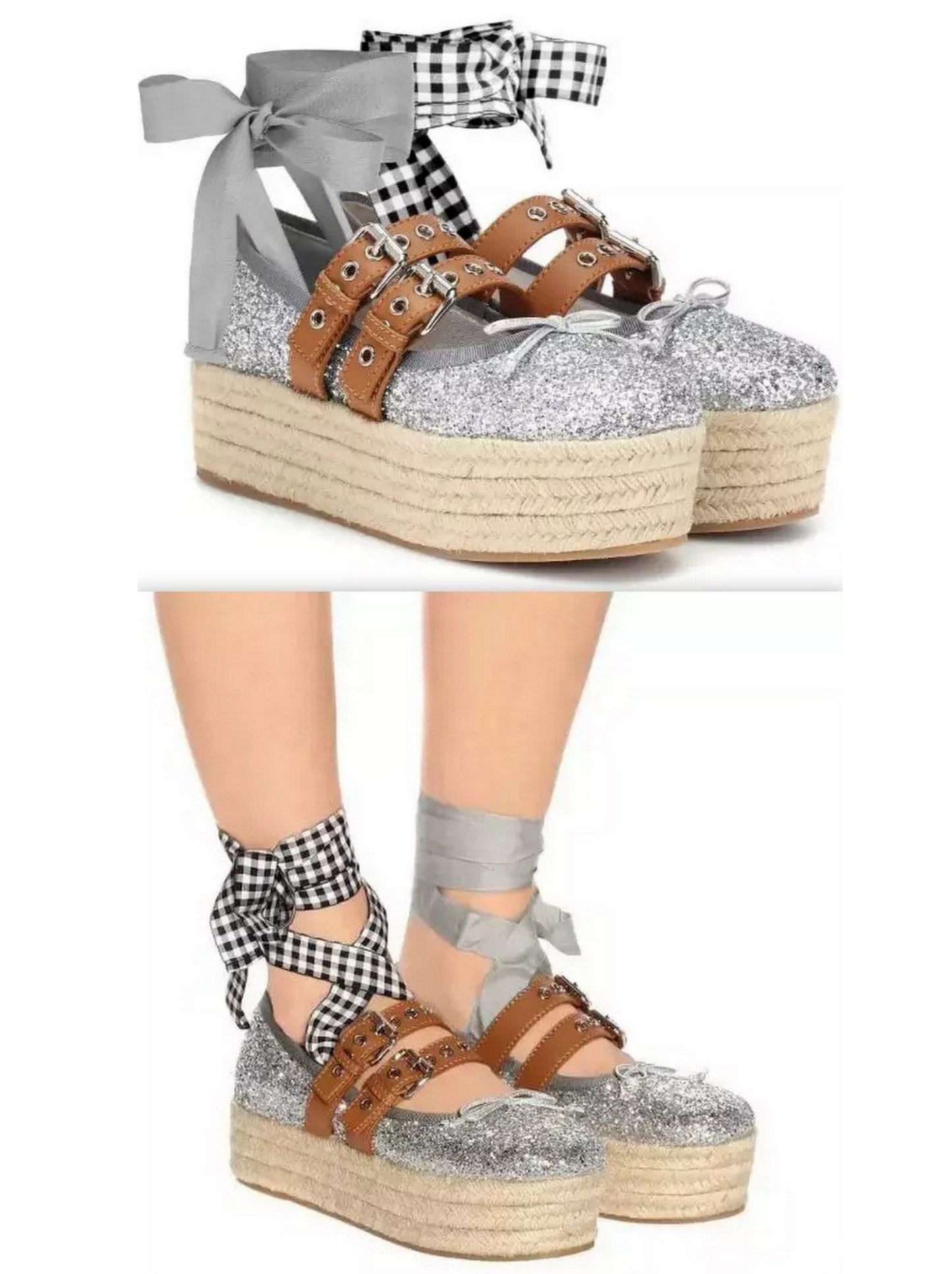 Silver Glitter Lace-up Espadrille Platform Ballet Shoes - Footwear