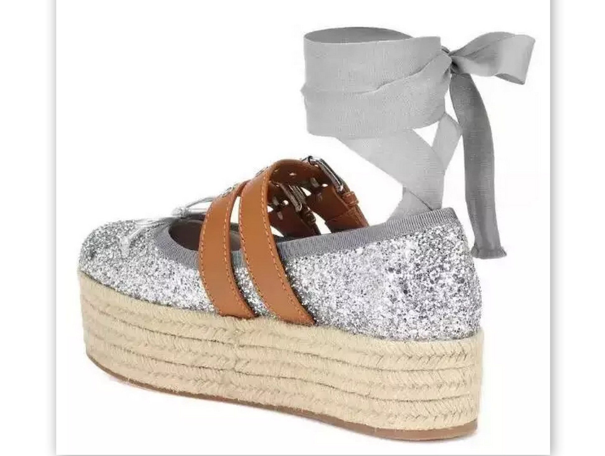 Silver Glitter Lace-up Espadrille Platform Ballet Shoes - Footwear