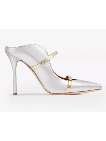 Silver Gold Leather Stiletto Mule Pumps - Footwear