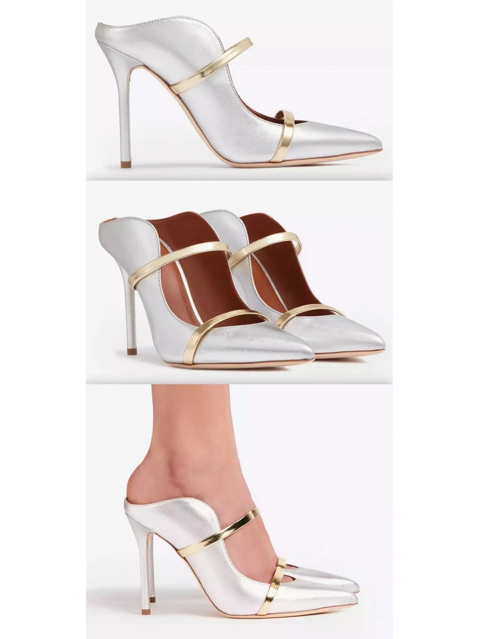 Silver Gold Leather Stiletto Mule Pumps - Footwear