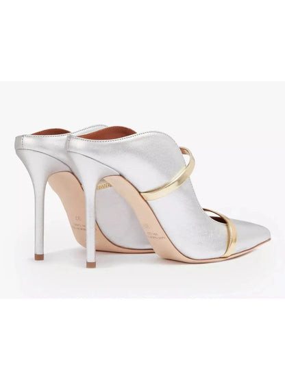 Silver Gold Leather Stiletto Mule Pumps - Footwear