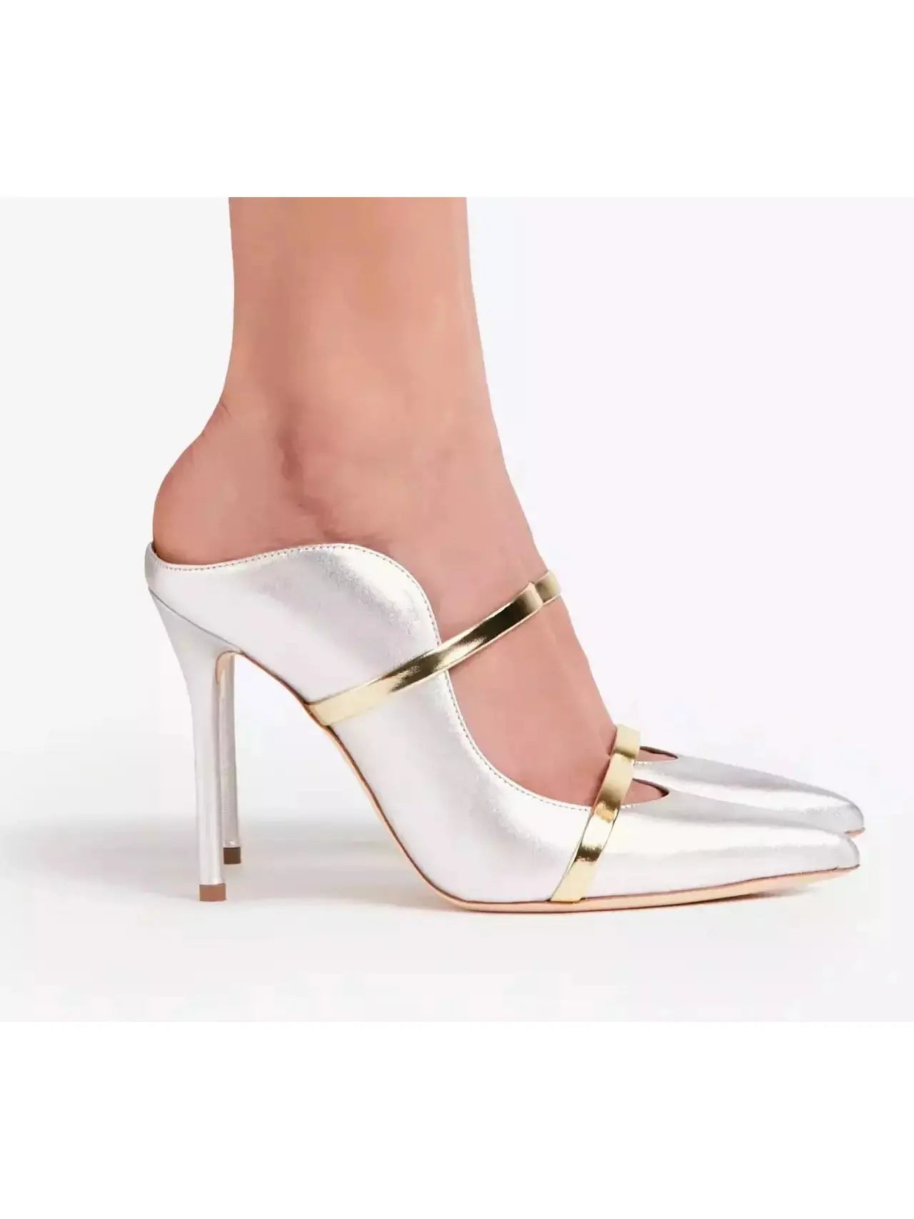 Silver Gold Leather Stiletto Mule Pumps - Footwear