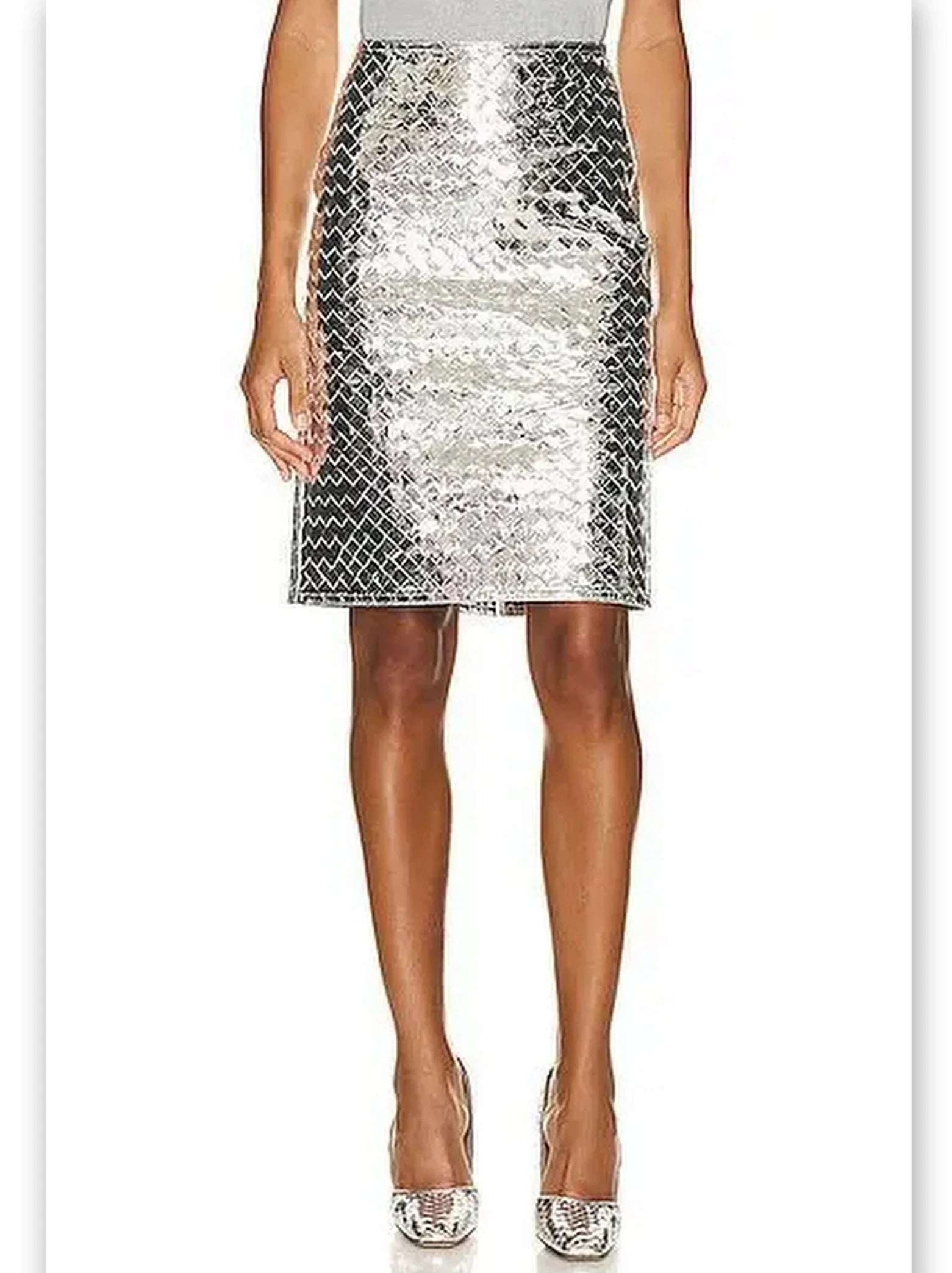 Silver Metallic Woven Leather Skirt - Skirts