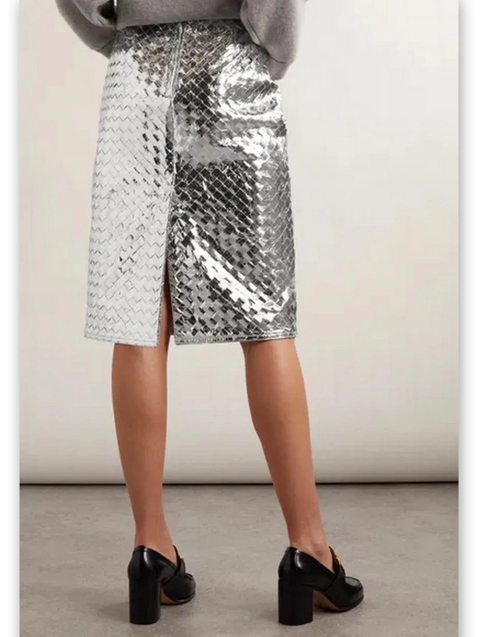 Silver Metallic Woven Leather Skirt - Skirts