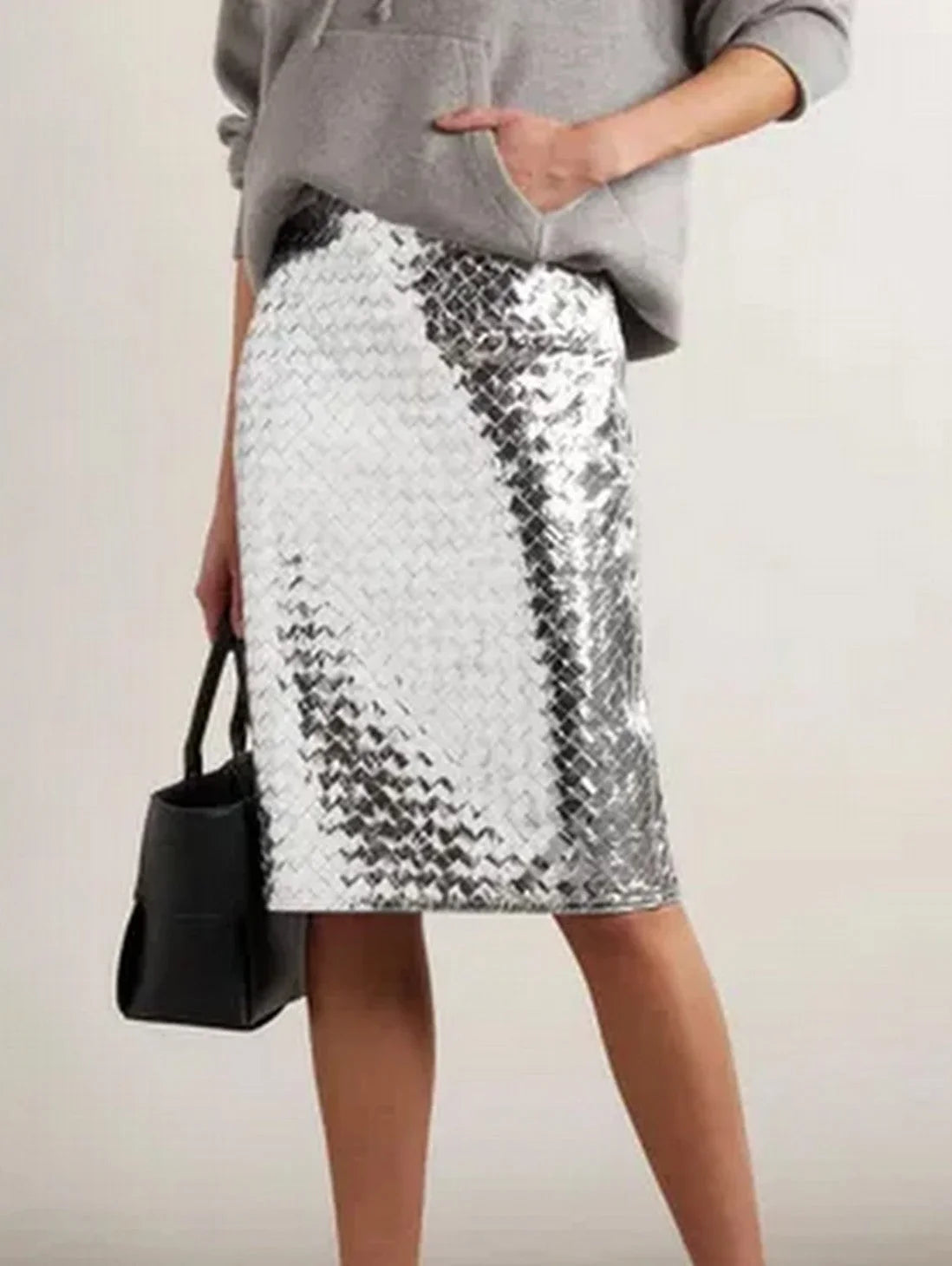 Silver Metallic Woven Leather Skirt - Skirts