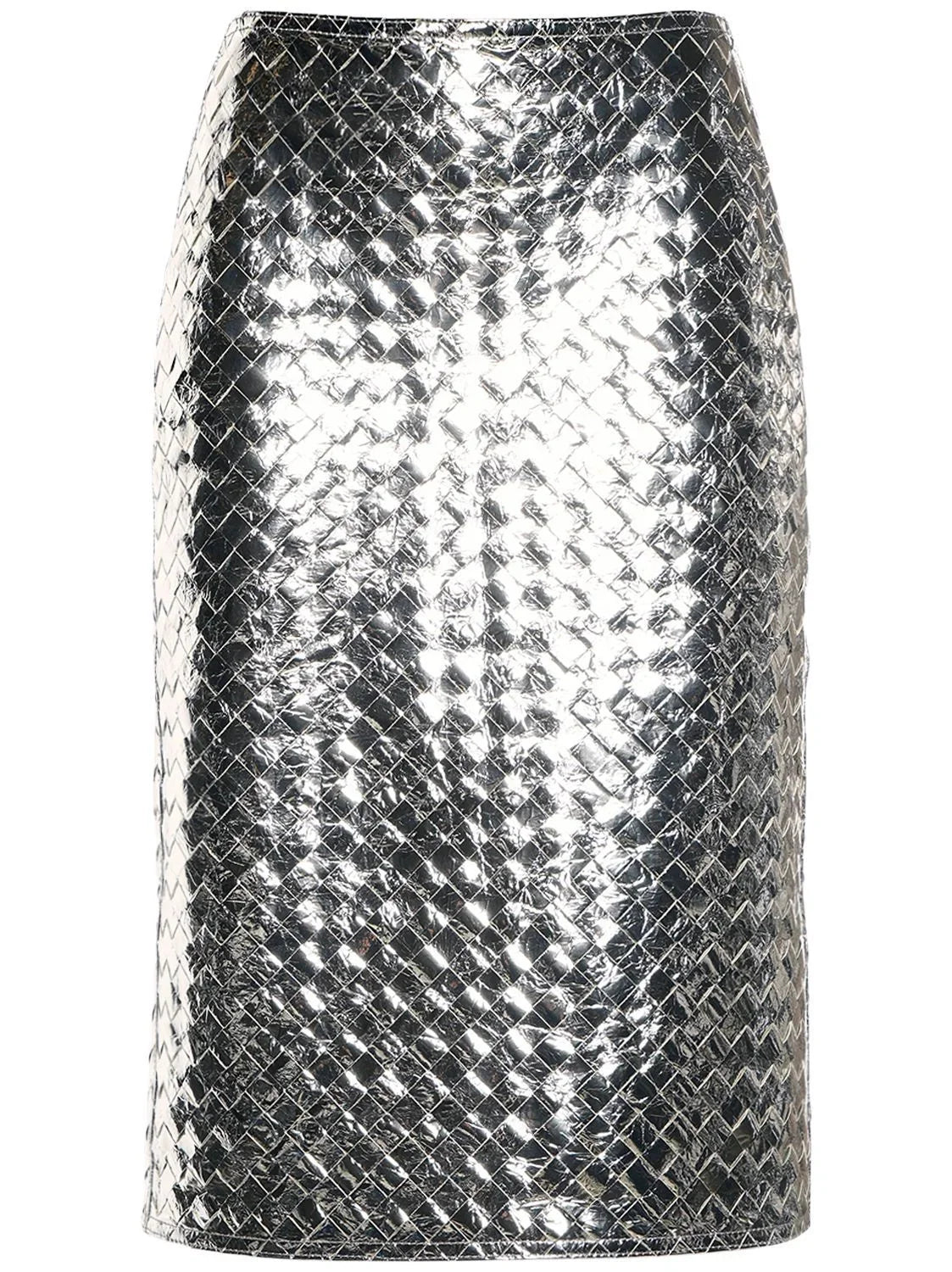 Silver Metallic Woven Leather Skirt - Skirts
