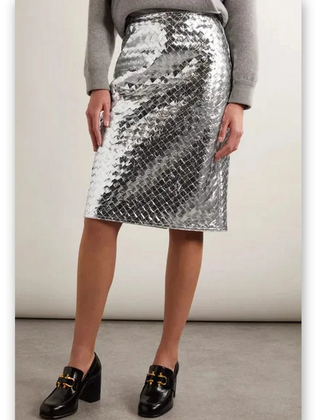 Silver Metallic Woven Leather Skirt - Skirts