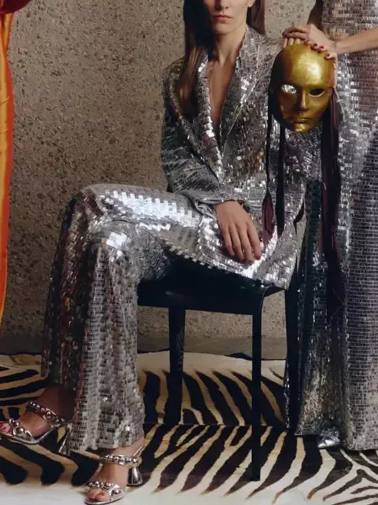 Silver Sequin Blazer and Flared-Leg Pant Suit - Suits & Sets