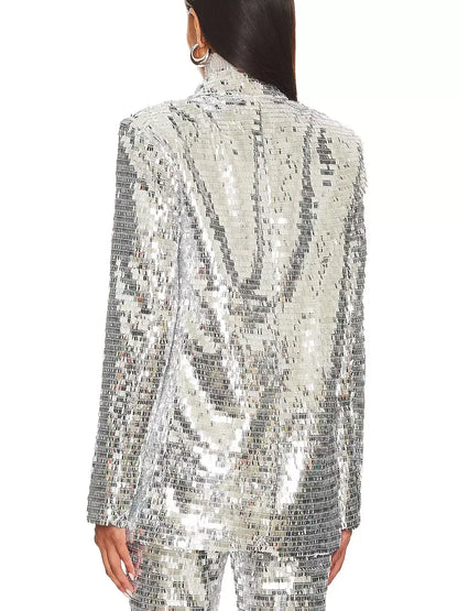 Silver Sequin Blazer and Flared-Leg Pant Suit - Suits & Sets