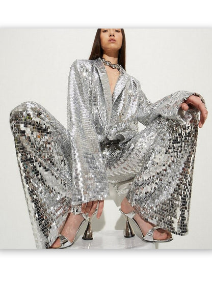 Silver Sequin Blazer and Flared-Leg Pant Suit - Suits & Sets