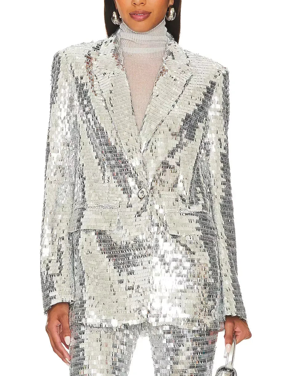 Silver Sequin Blazer and Flared-Leg Pant Suit - Suits & Sets