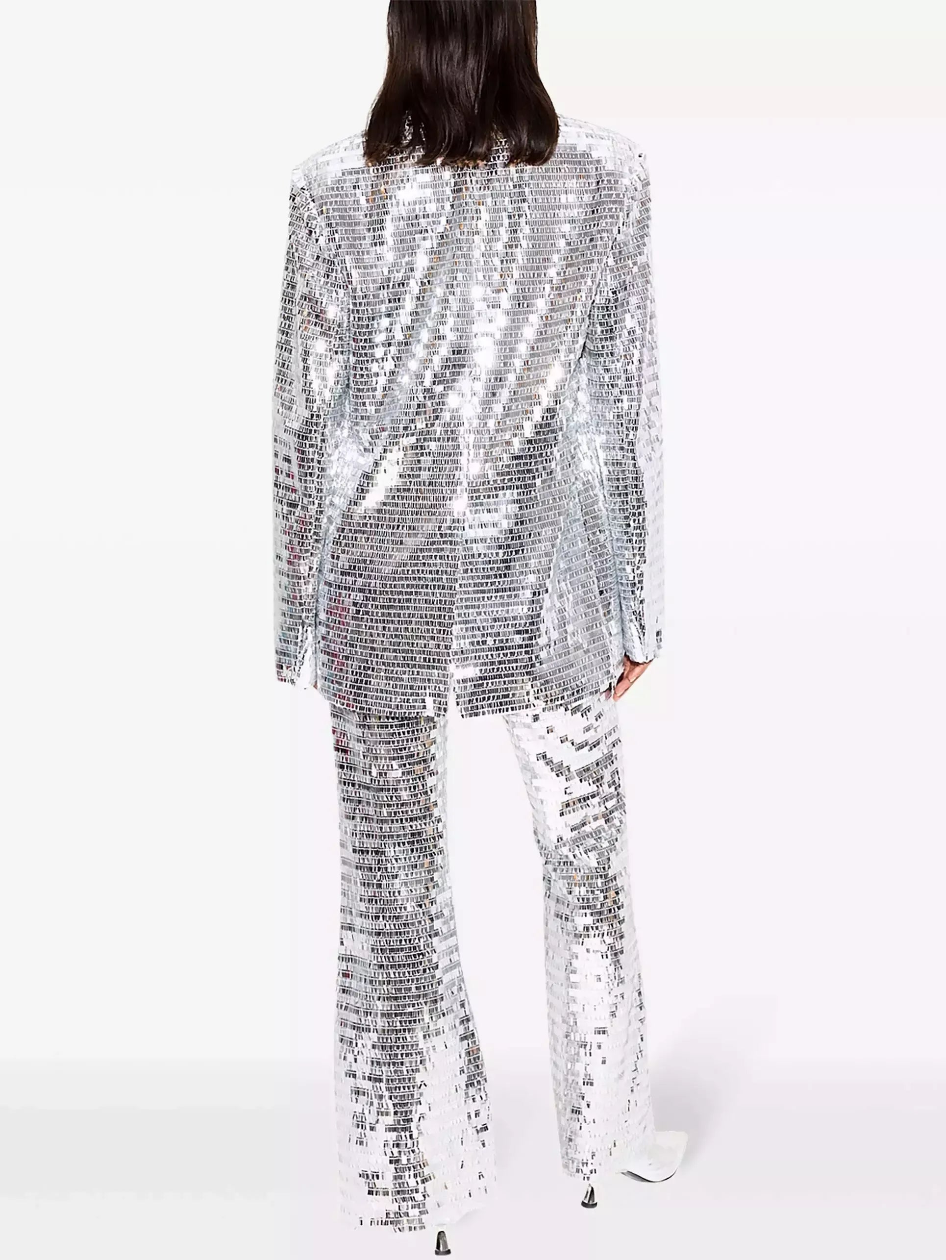 Silver Sequin Blazer and Flared-Leg Pant Suit - Suits & Sets
