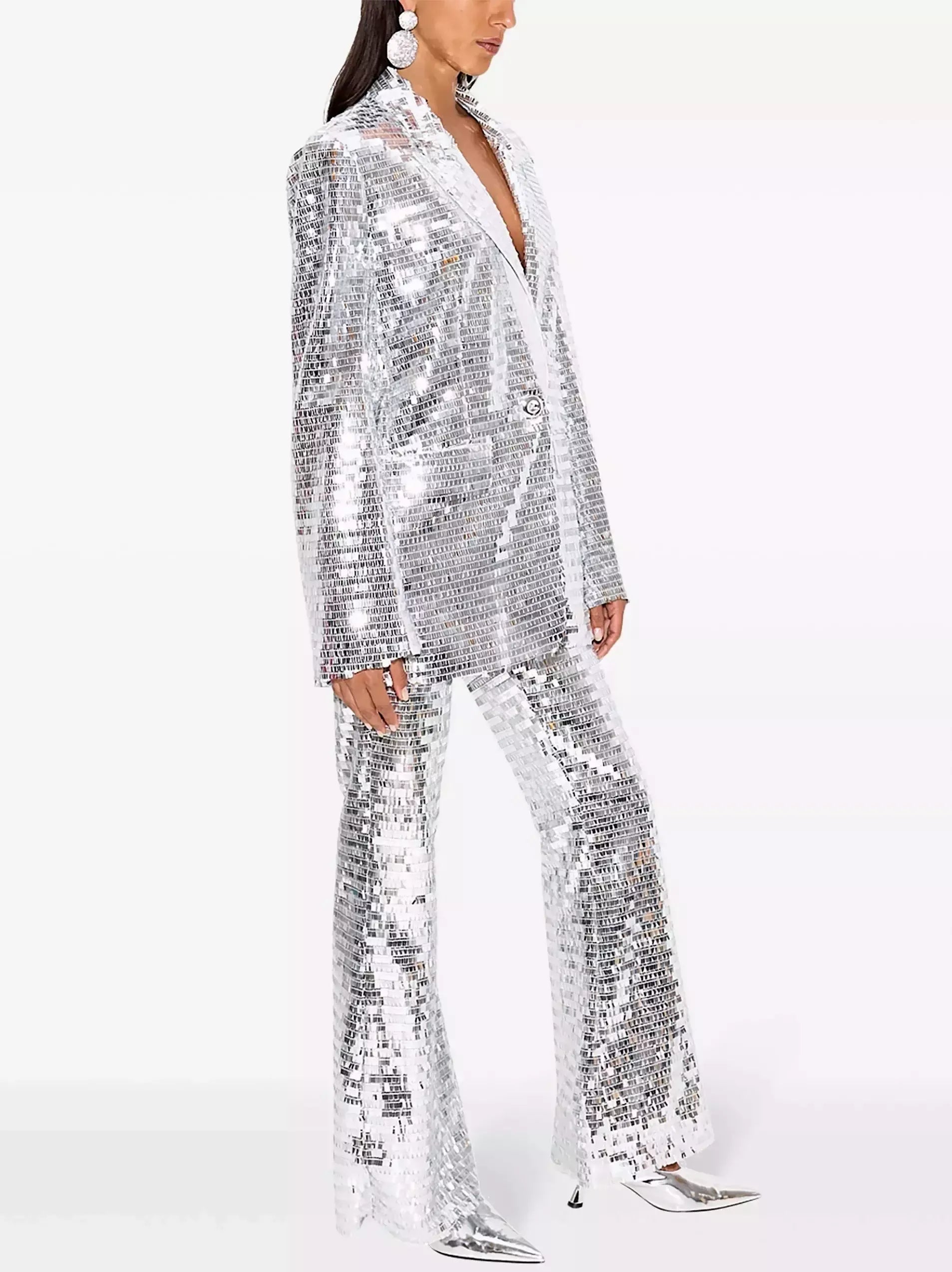Silver Sequin Blazer and Flared-Leg Pant Suit - Suits & Sets
