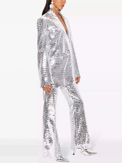 Silver Sequin Blazer and Flared-Leg Pant Suit - Suits & Sets