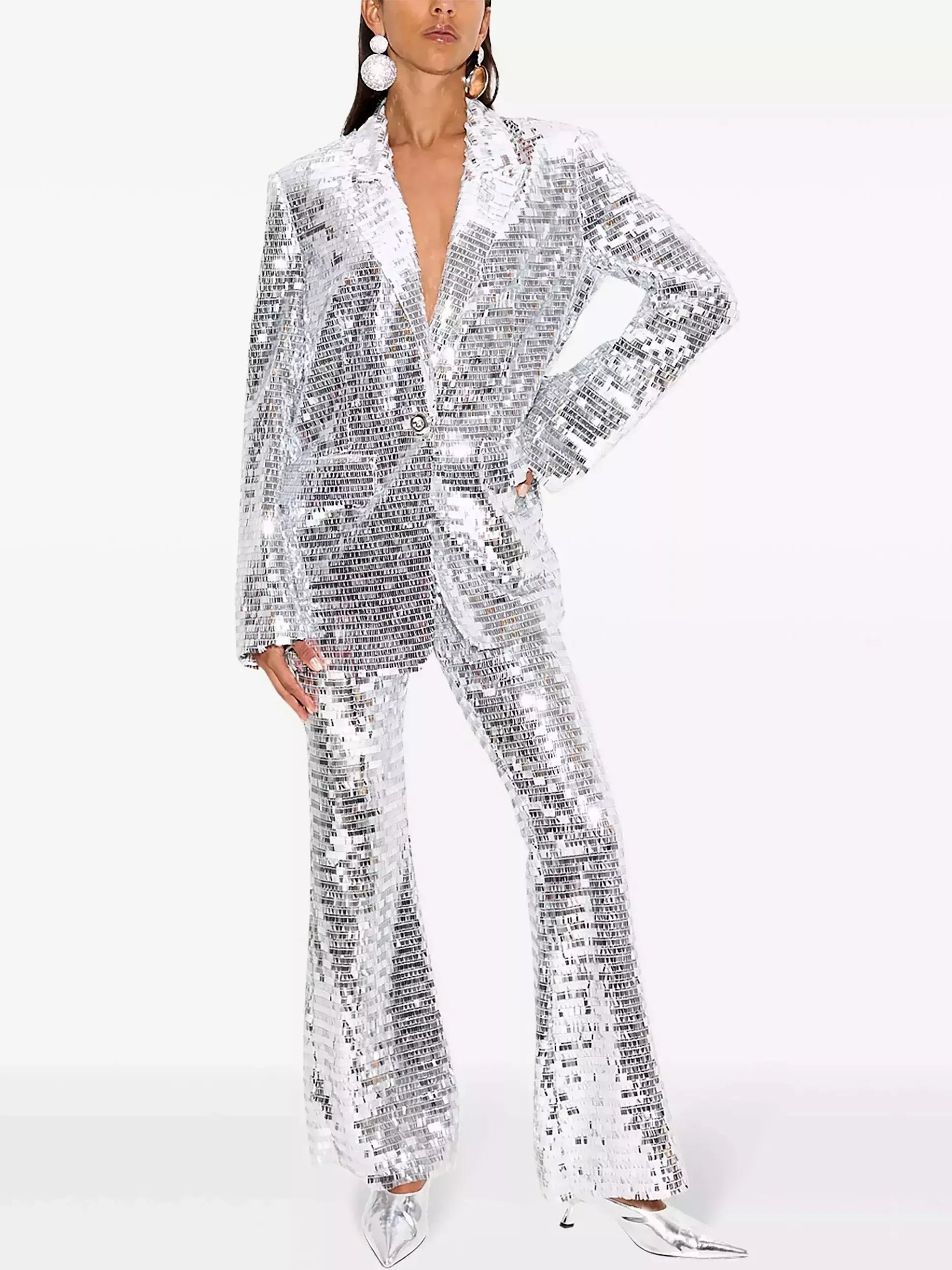 Silver Sequin Blazer and Flared-Leg Pant Suit - Suits & Sets