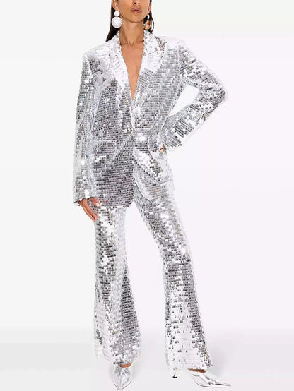 Silver Sequin Blazer and Flared-Leg Pant Suit - Suits & Sets