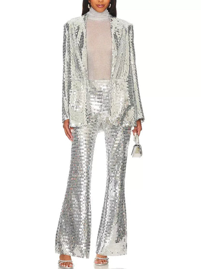 Silver Sequin Blazer and Flared-Leg Pant Suit - Suits & Sets