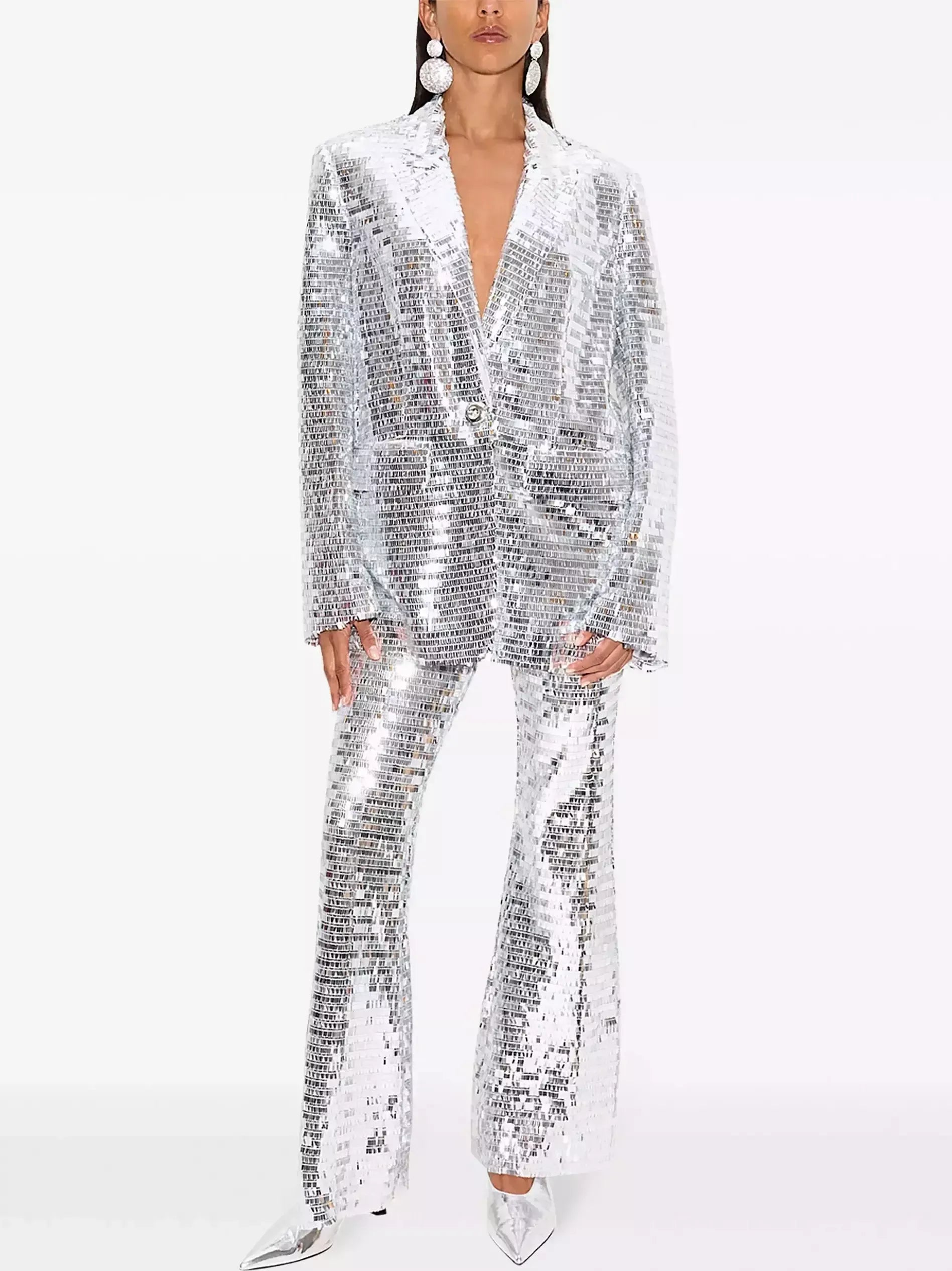 Silver Sequin Blazer and Flared-Leg Pant Suit - Suits & Sets