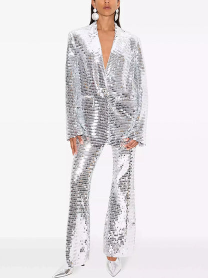 Silver Sequin Blazer and Flared-Leg Pant Suit - Suits & Sets