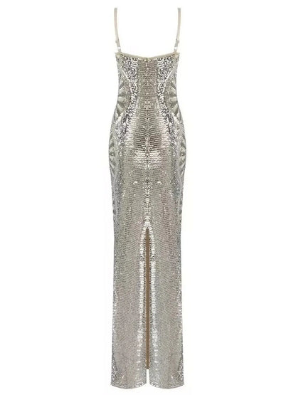 Silver Sequin-Embellished Evening Gown - Dresses