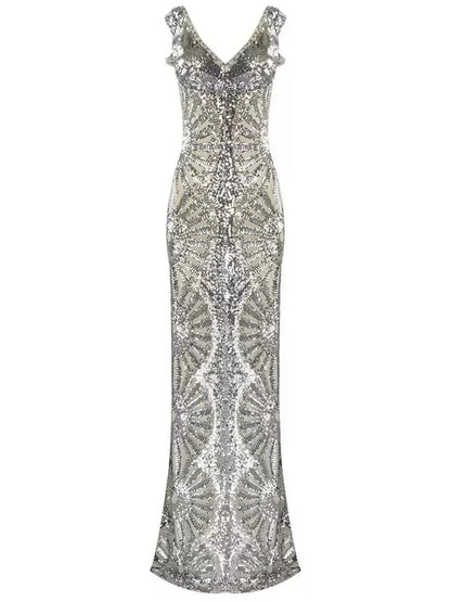 Silver Sequin-Embellished Evening Gown - xs - Dresses