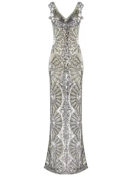 Silver Sequin-Embellished Evening Gown - xs - Dresses