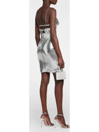 Silver Sequin Mini Dress With Double Metal Rings - Dresses