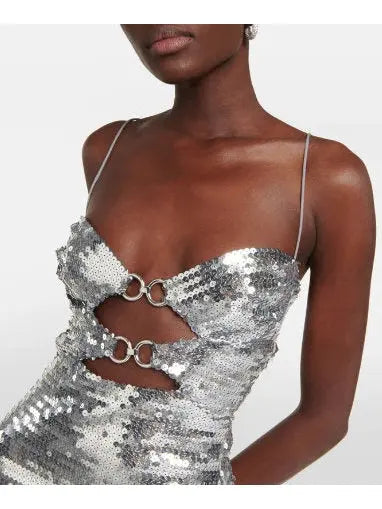 Silver Sequin Mini Dress With Double Metal Rings - Dresses