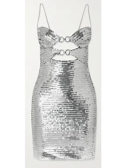 Silver Sequin Mini Dress With Double Metal Rings - Dresses